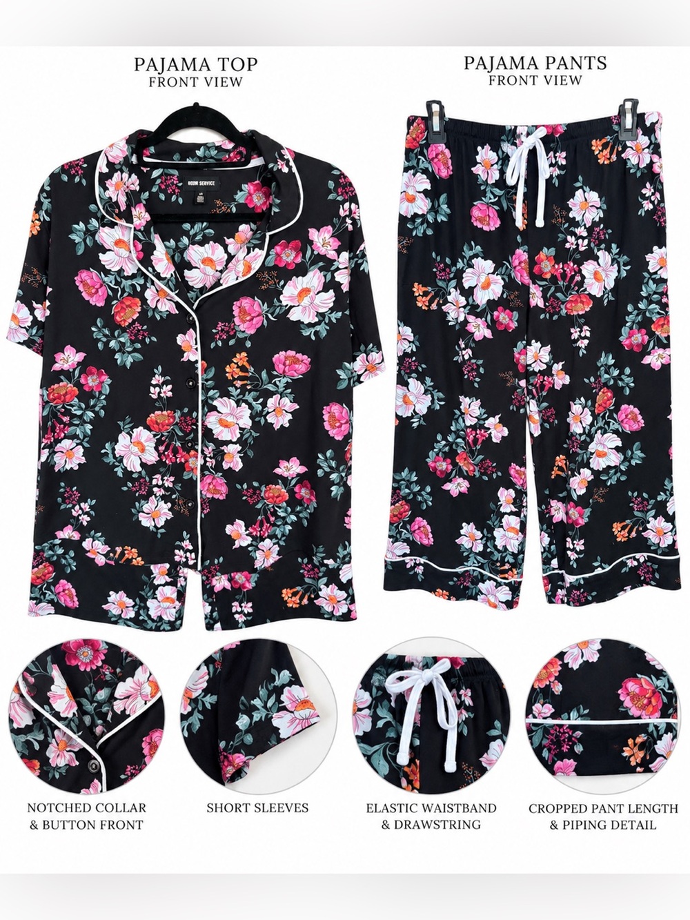 Room Service Women’s Large Floral Pajama Set Black Pink Capri Pants Stretch
